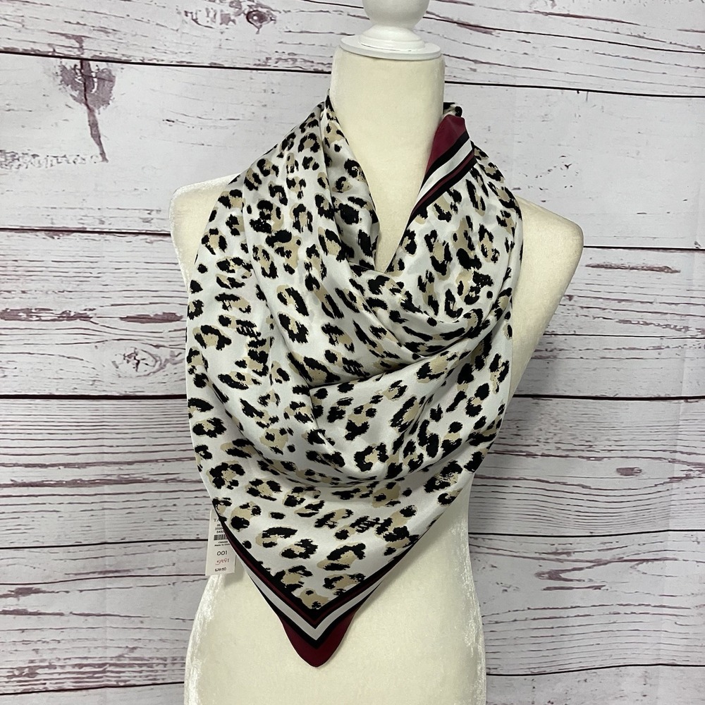 Talbots Leopard Print Square Scarf Cream Black Red Border NWT Womens - Picture 12 of 13